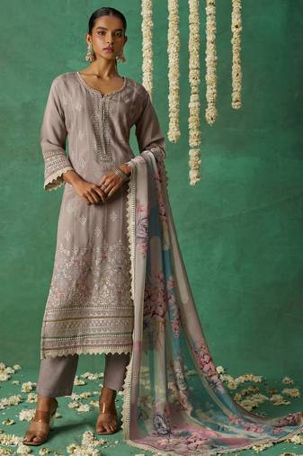 Grey organza embroidery and handwork  free size suit
