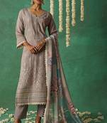 Grey organza embroidery and handwork  free size suit