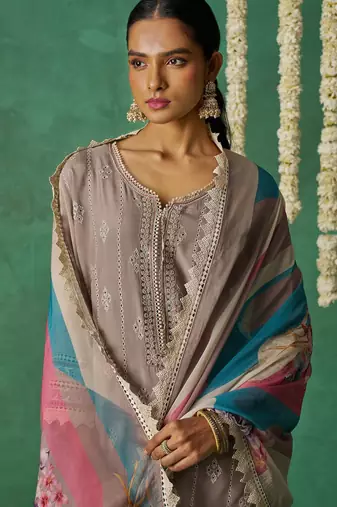 Grey organza embroidery and handwork  free size suit