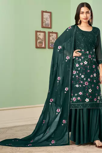Green georgette embroidered & sequins free size suit