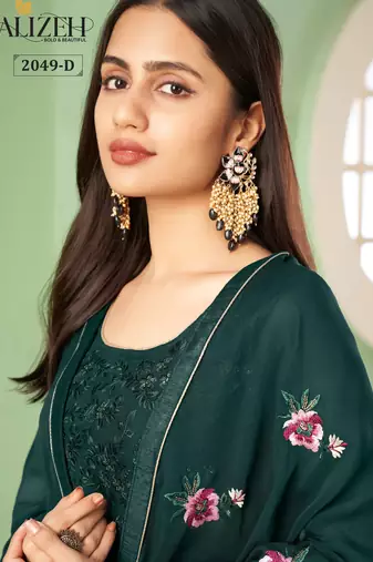 Green georgette embroidered & sequins free size suit