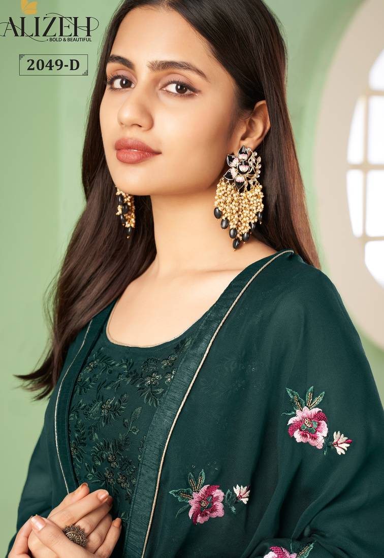 Green georgette embroidered & sequins free size suit
