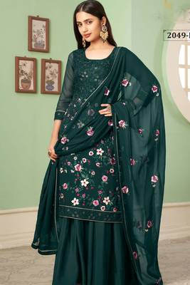 Green georgette embroidered & sequins free size suit 3