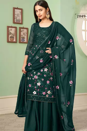 Green georgette embroidered & sequins free size suit
