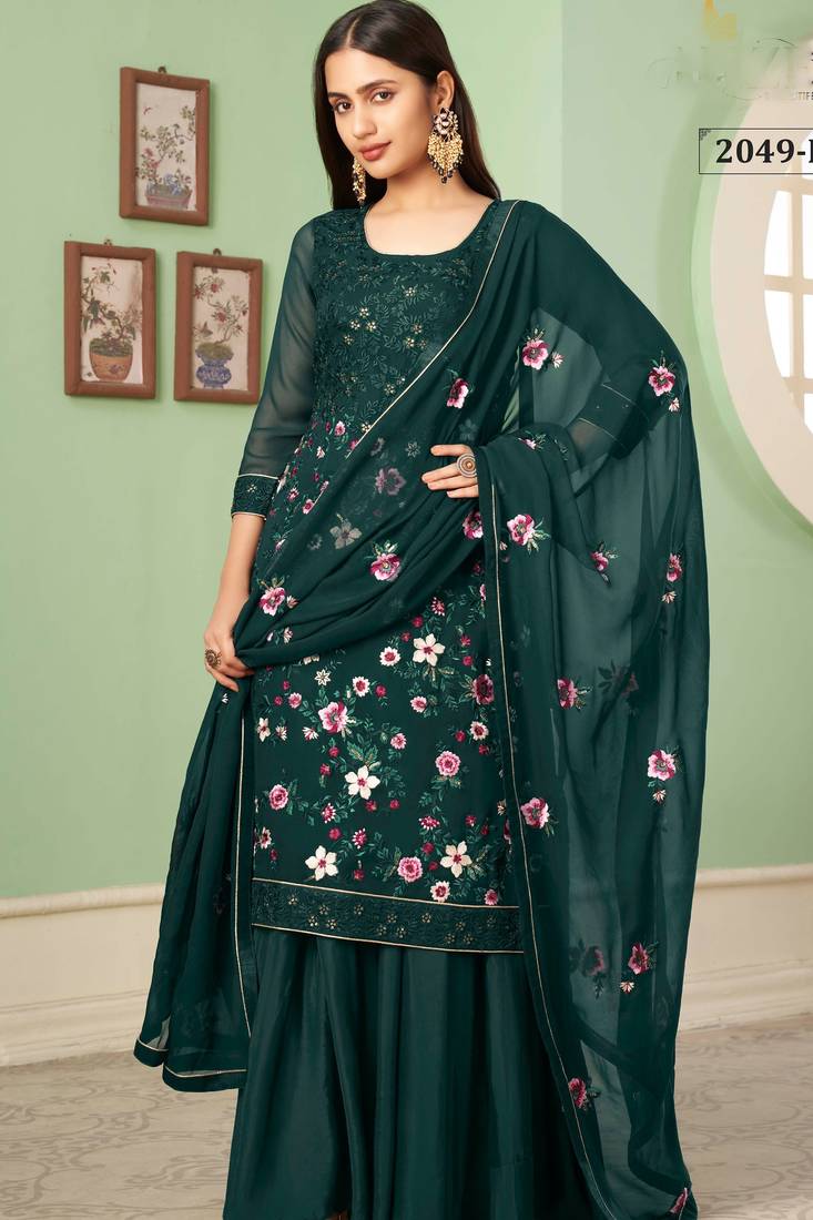 Green georgette embroidered & sequins free size suit