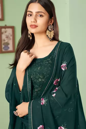 Green georgette embroidered & sequins free size suit