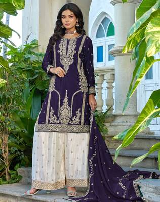 Purple fancy fabric embroidered free size suit 1