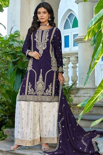 Purple fancy fabric embroidered free size suit