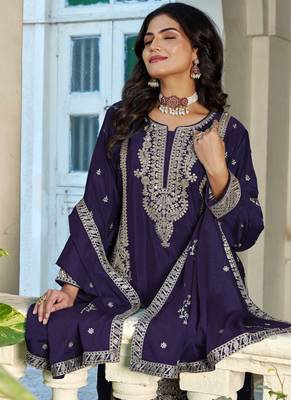 Purple fancy fabric embroidered free size suit 2