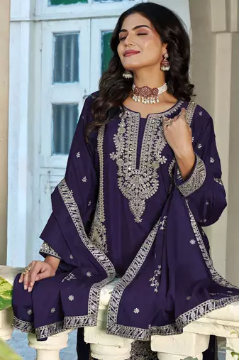 Purple fancy fabric embroidered free size suit