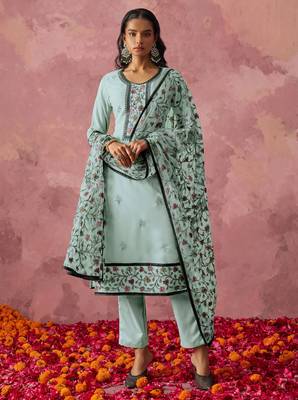 Blue georgette thread embroidery & sequins free size suit 1