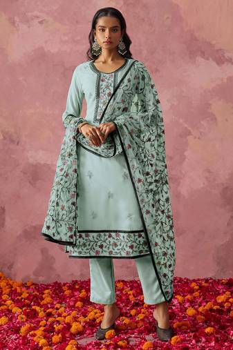 Blue georgette thread embroidery & sequins free size suit