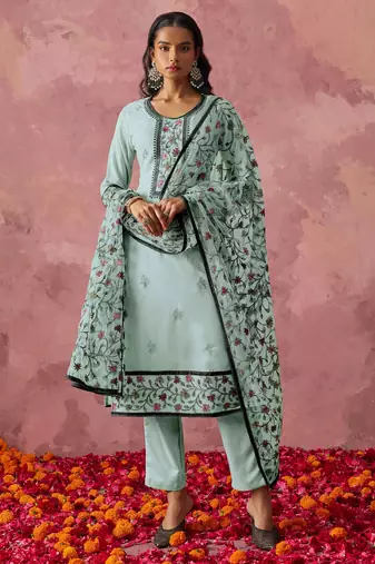 Blue georgette thread embroidery & sequins free size suit
