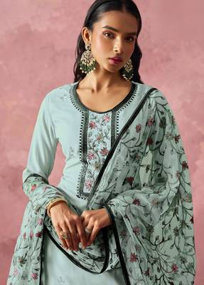 Blue georgette thread embroidery & sequins free size suit 2