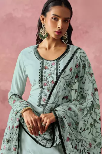 Blue georgette thread embroidery & sequins free size suit