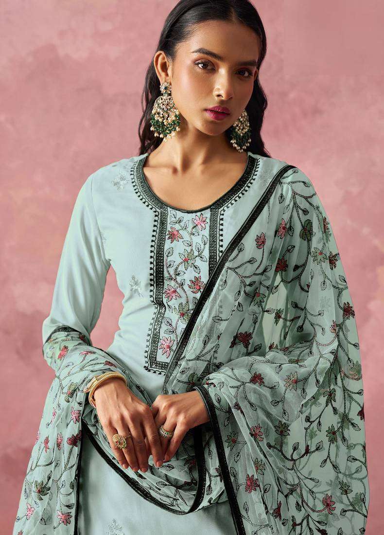 Blue georgette thread embroidery & sequins free size suit