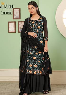 Black georgette embroidered & sequins free size suit 1