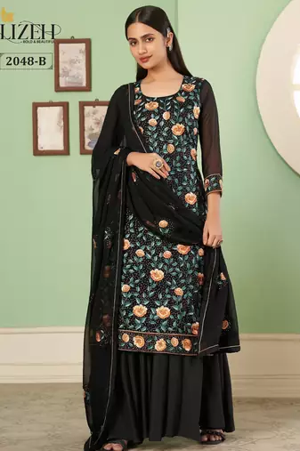 Black georgette embroidered & sequins free size suit