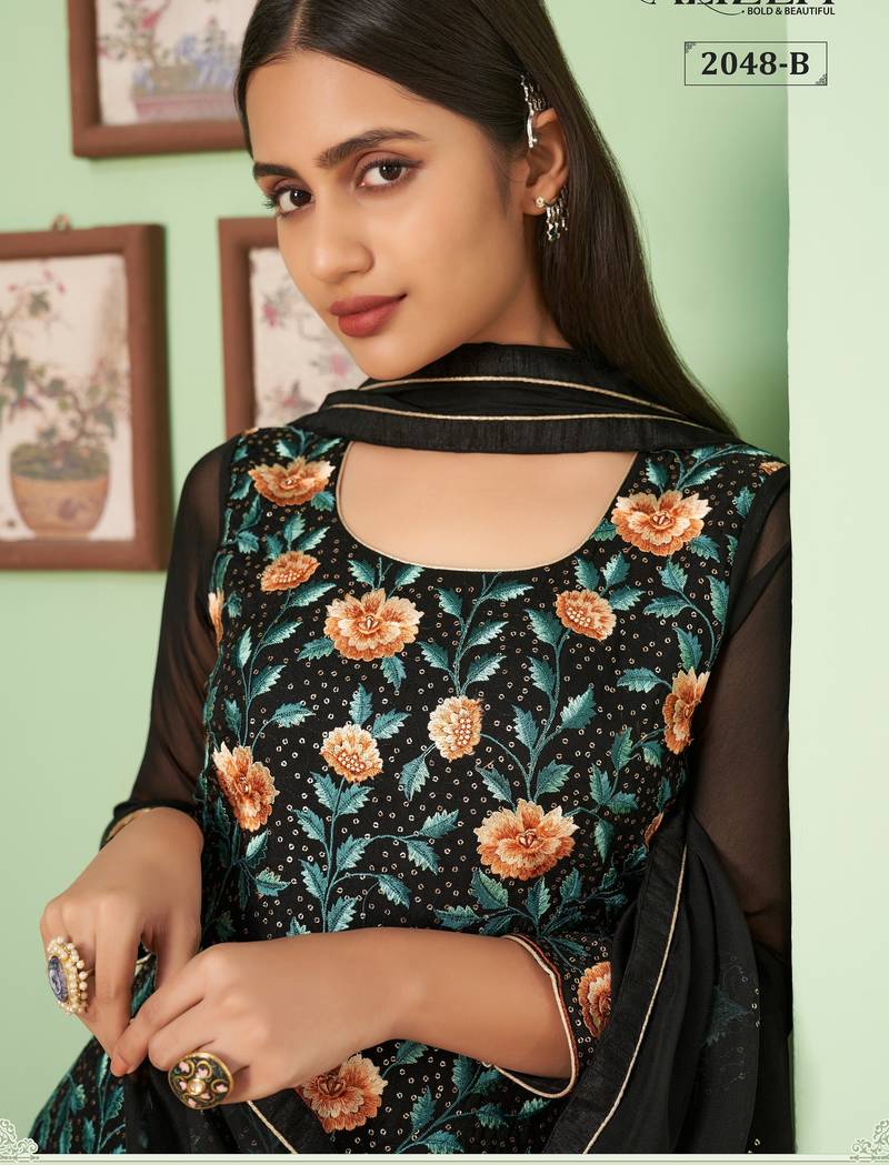 Black georgette embroidered & sequins free size suit