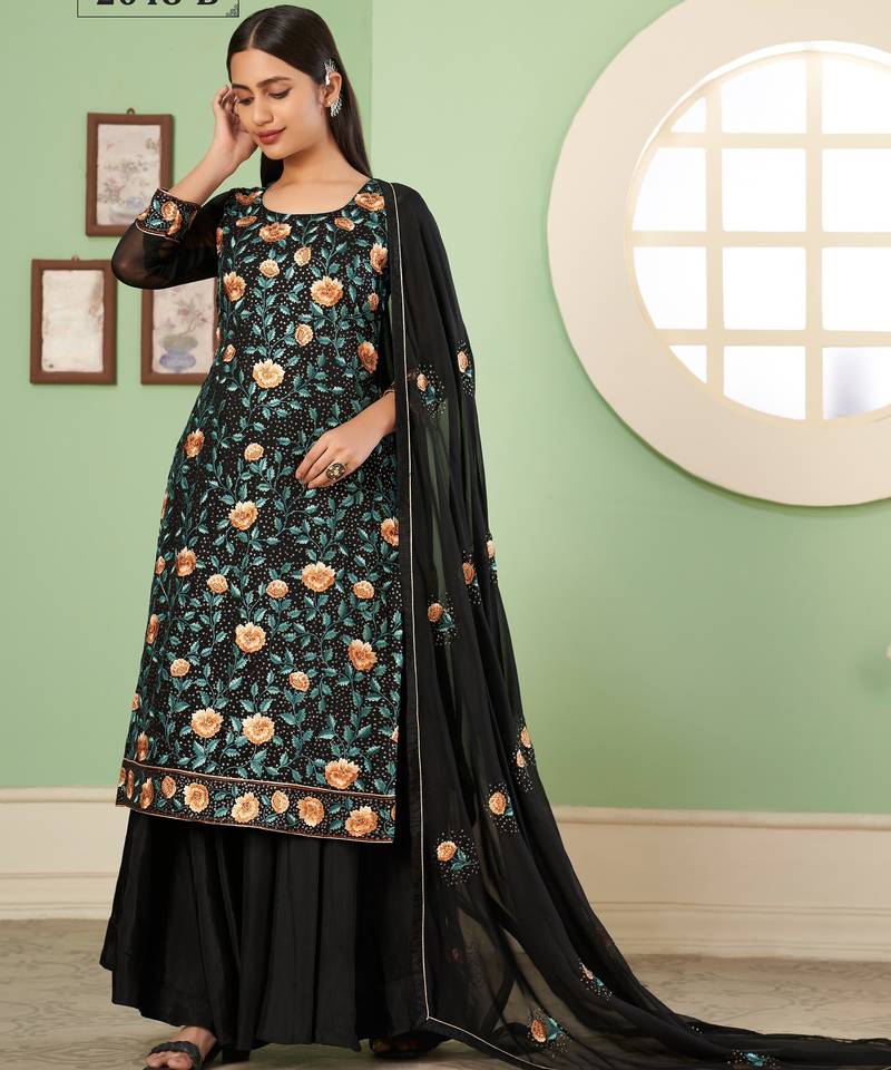Black georgette embroidered & sequins free size suit