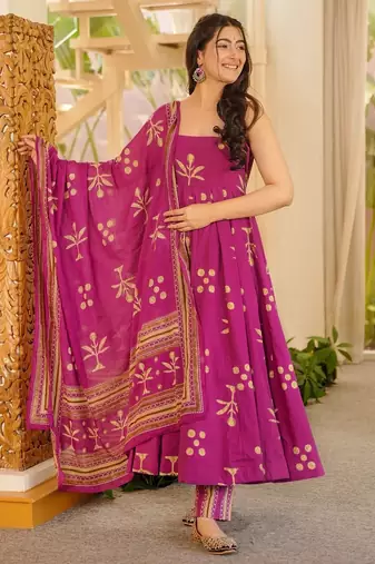 Purple blended cotton printed free size suit