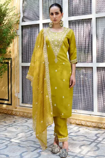 Yellow silk blend embroidered free size suit