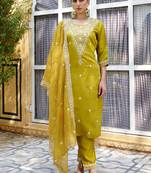 Yellow silk blend embroidered free size suit