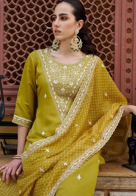 Yellow silk blend embroidered free size suit 2