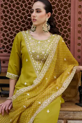 Yellow silk blend embroidered free size suit