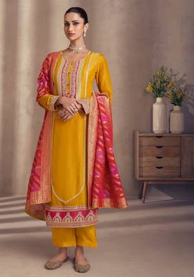 Mustard silk blend embroidery & sequins  free size suit 1