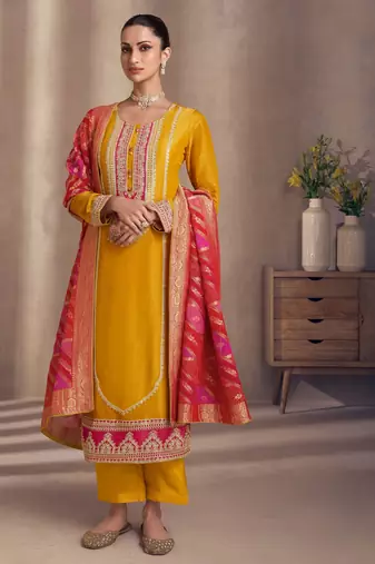 Mustard silk blend embroidery & sequins  free size suit