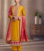 Mustard silk blend embroidery & sequins  free size suit