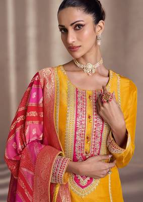 Mustard silk blend embroidery & sequins  free size suit 2