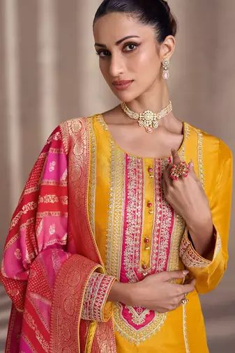 Mustard silk blend embroidery & sequins  free size suit