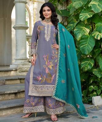 Blue shimmer embroidered free size suit 1