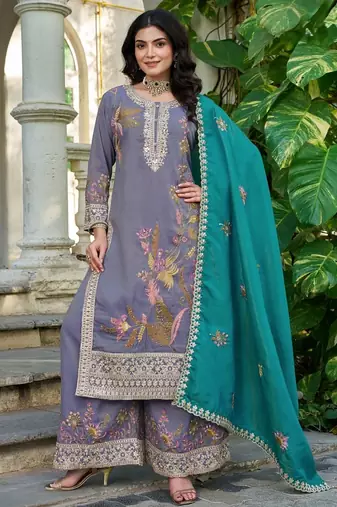 Blue shimmer embroidered free size suit