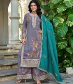 Blue shimmer embroidered free size suit