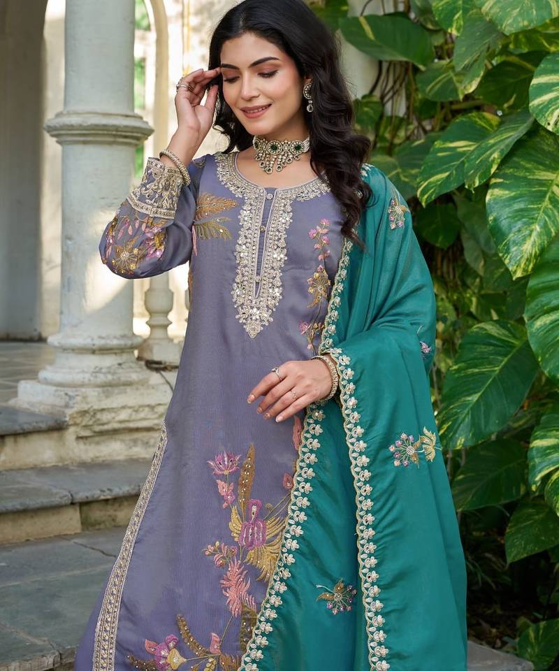 Blue shimmer embroidered free size suit