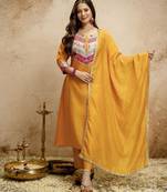 Mustard silk blend embroidered free size suit