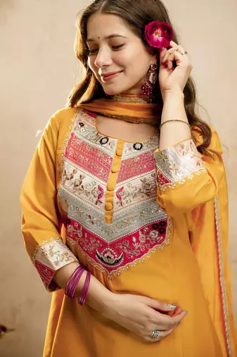 Mustard silk blend embroidered free size suit