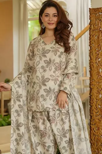 Grey blended cotton digital print free size suit