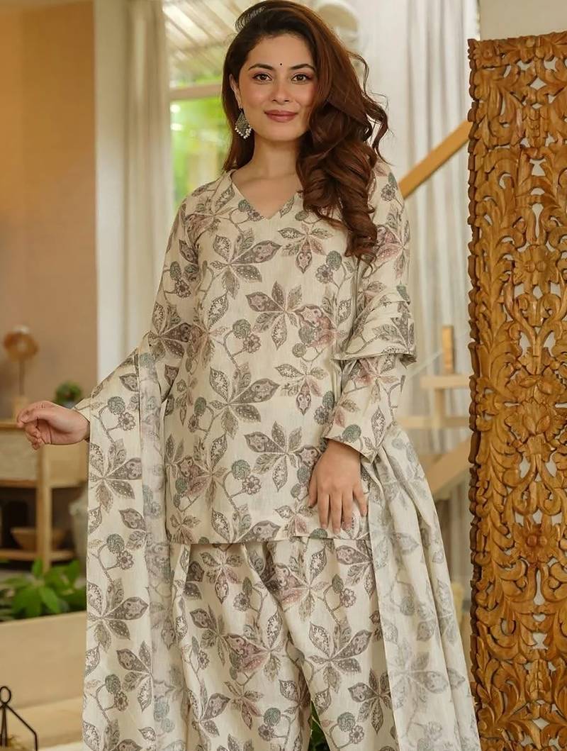 Grey blended cotton digital print free size suit
