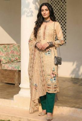 Cream blended cotton embroidered   sequins & printed dupatta free size suit 1