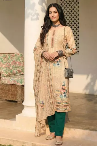 Cream blended cotton embroidered   sequins & printed dupatta free size suit