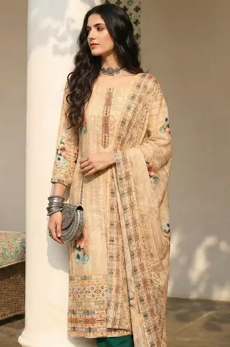 Cream blended cotton embroidered   sequins & printed dupatta free size suit
