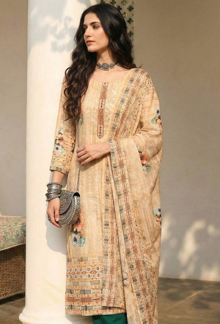 Cream blended cotton embroidered   sequins & printed dupatta free size suit