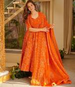 Orange blended cotton printed free size suit