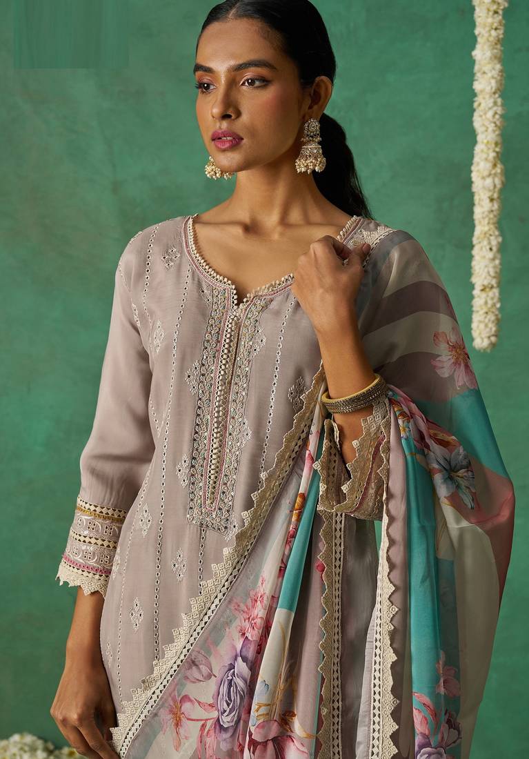 Purple organza embroidery and handwork  free size suit