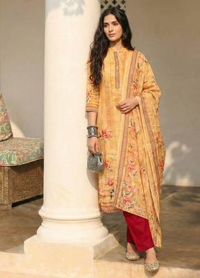 Orange blended cotton embroidered   sequins & printed dupatta free size suit 1