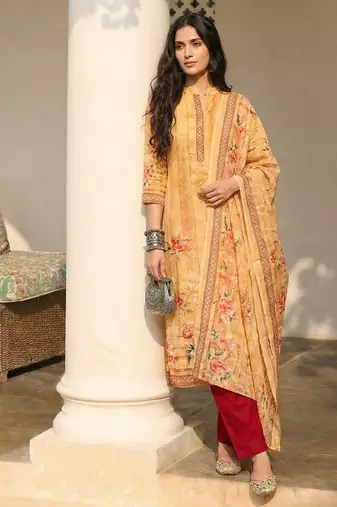 Orange blended cotton embroidered   sequins & printed dupatta free size suit